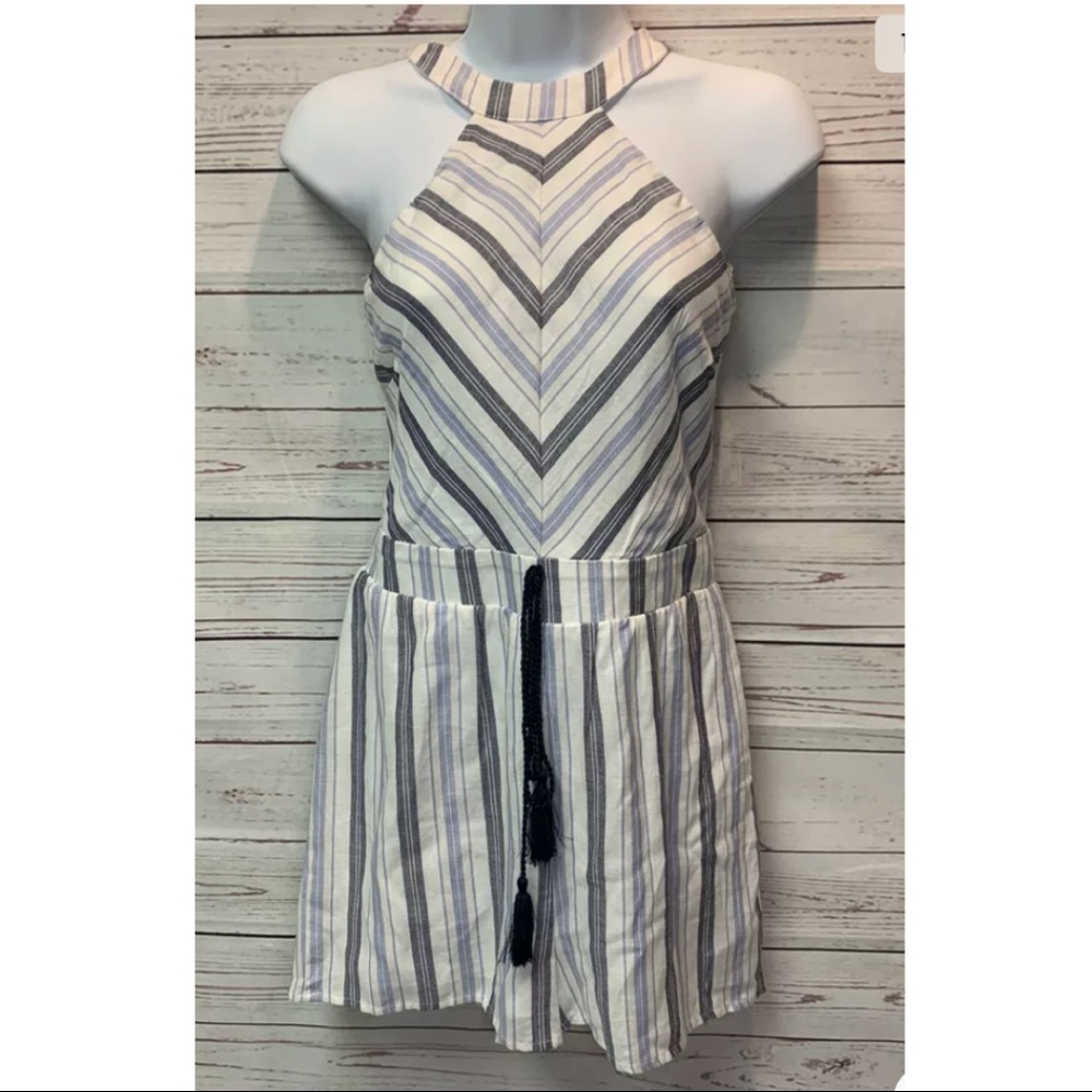 NWOT Crystal Sky Shorts Romper Halter Blue and White Stripe Size S
